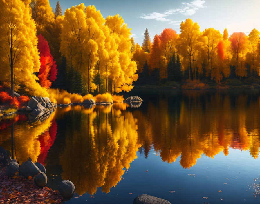 Vivid Autumn Trees Reflecting in Calm Lake
