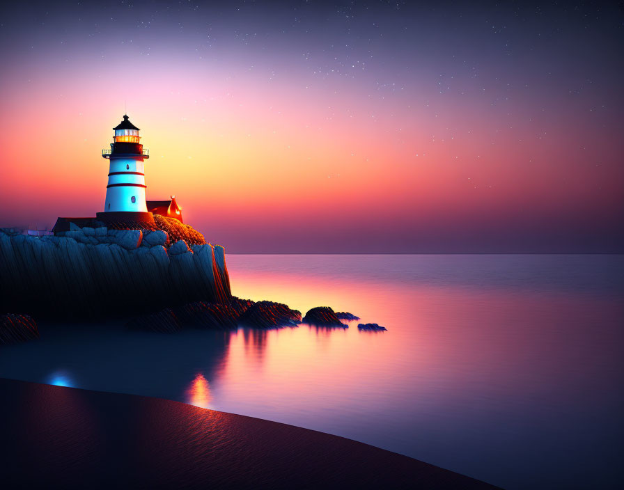 Tranquil twilight scene: lighthouse, rocky shore, calm sea, starry sky.