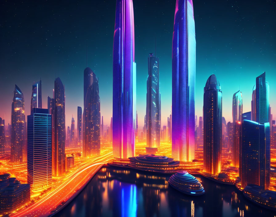 Neon-lit futuristic cityscape with glowing skyscrapers at night