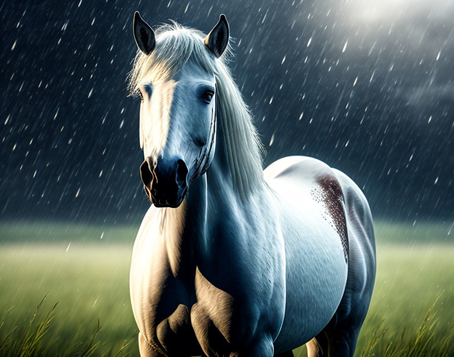 Majestic white horse with dark mane in rain under stormy sky