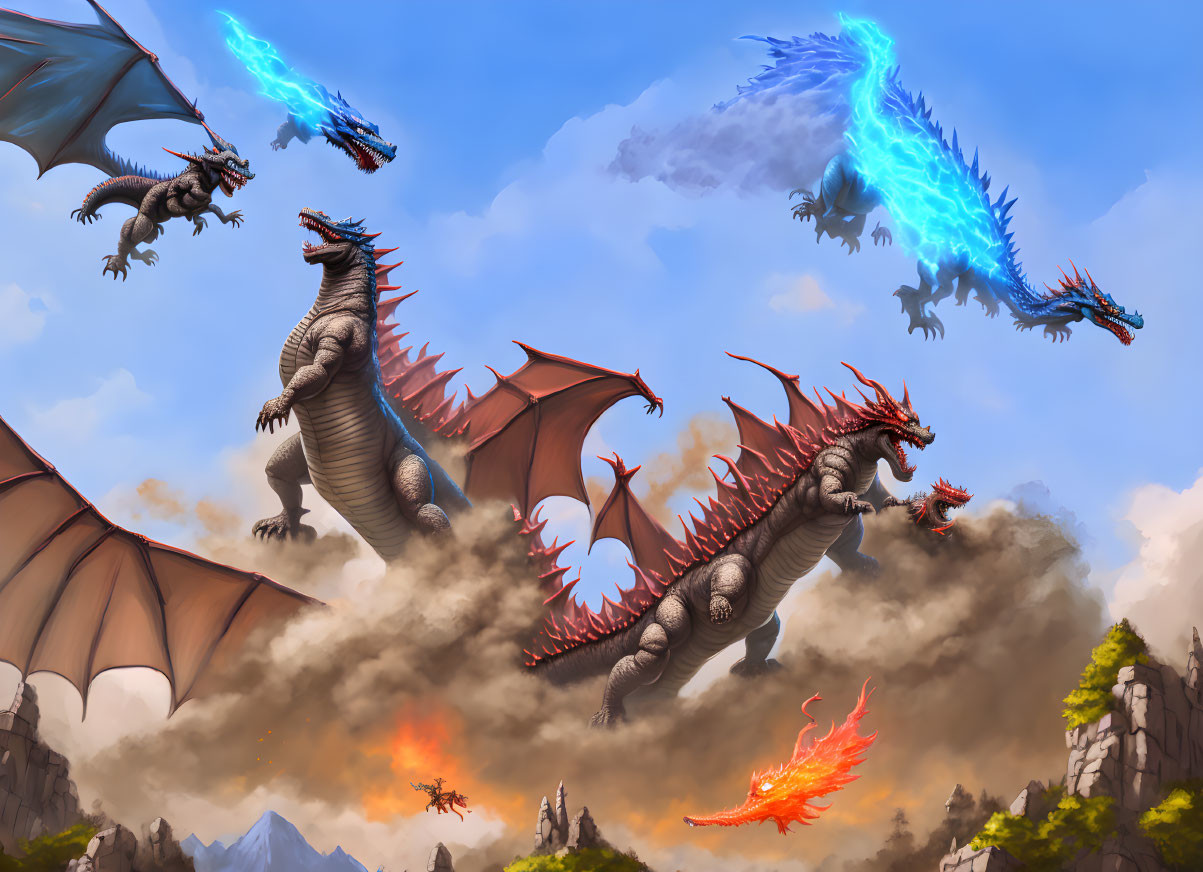 Fantasy scene featuring four dragons in flight over rocky landscape