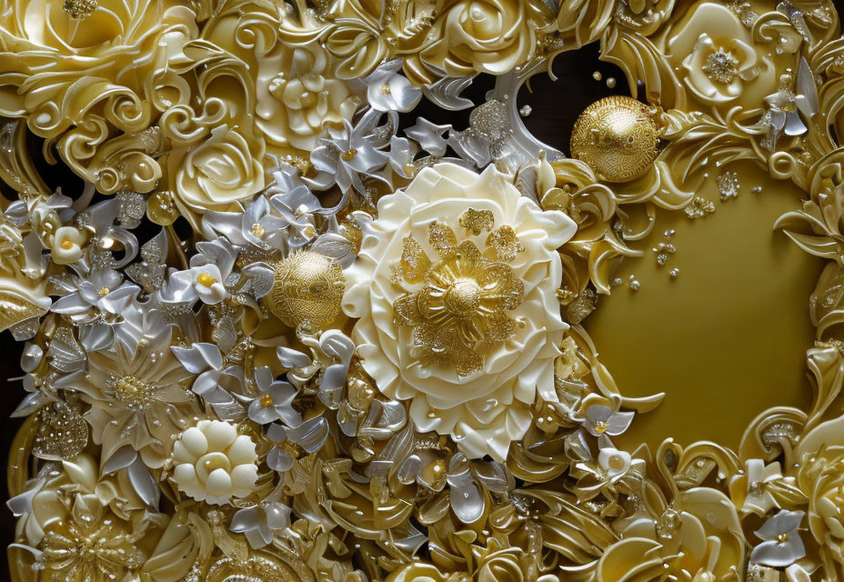 Detailed Golden Floral Bas-Relief on Yellow Background