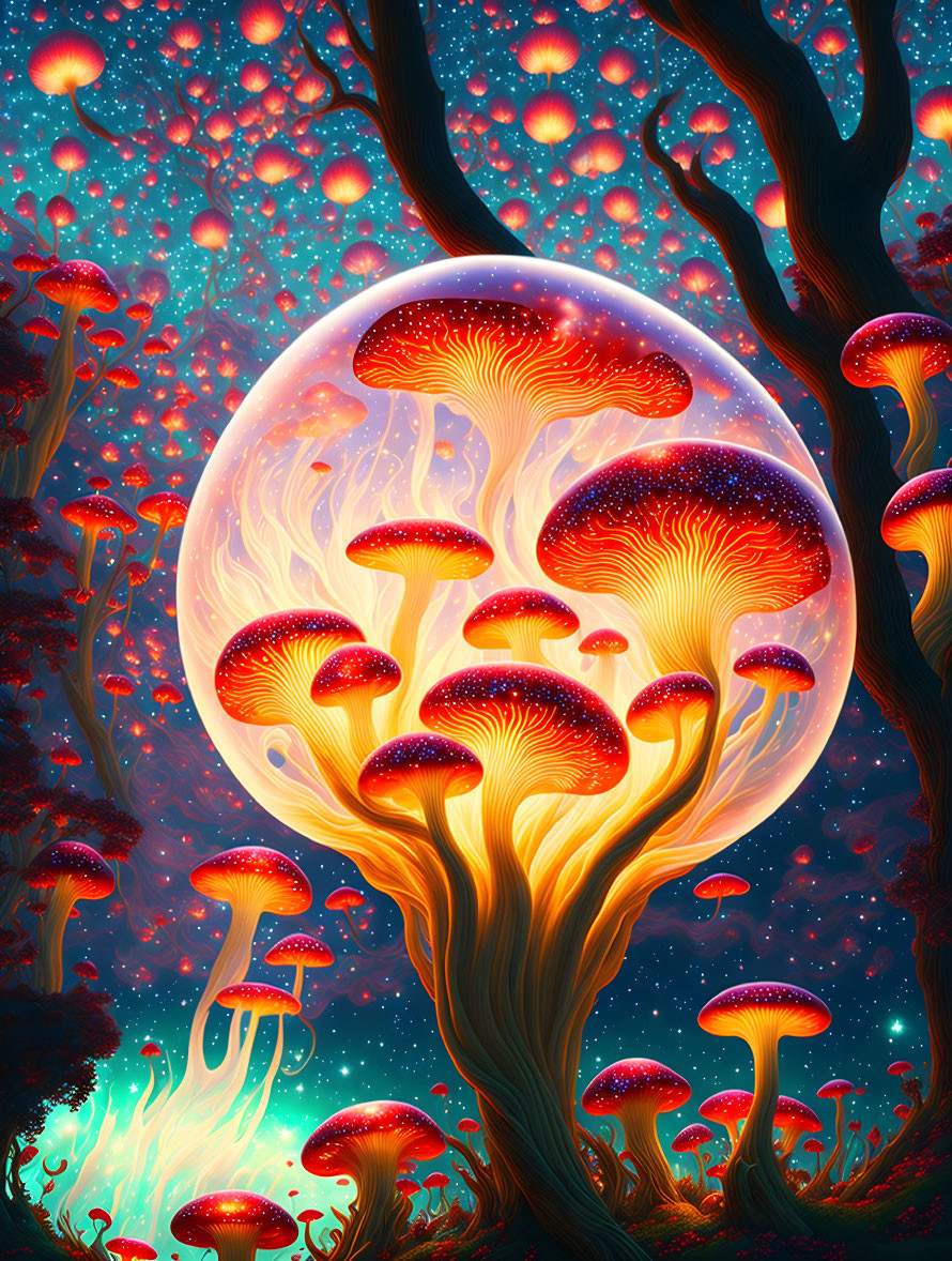 Colorful Digital Art: Glowing Red Mushrooms in Enchanting Forest