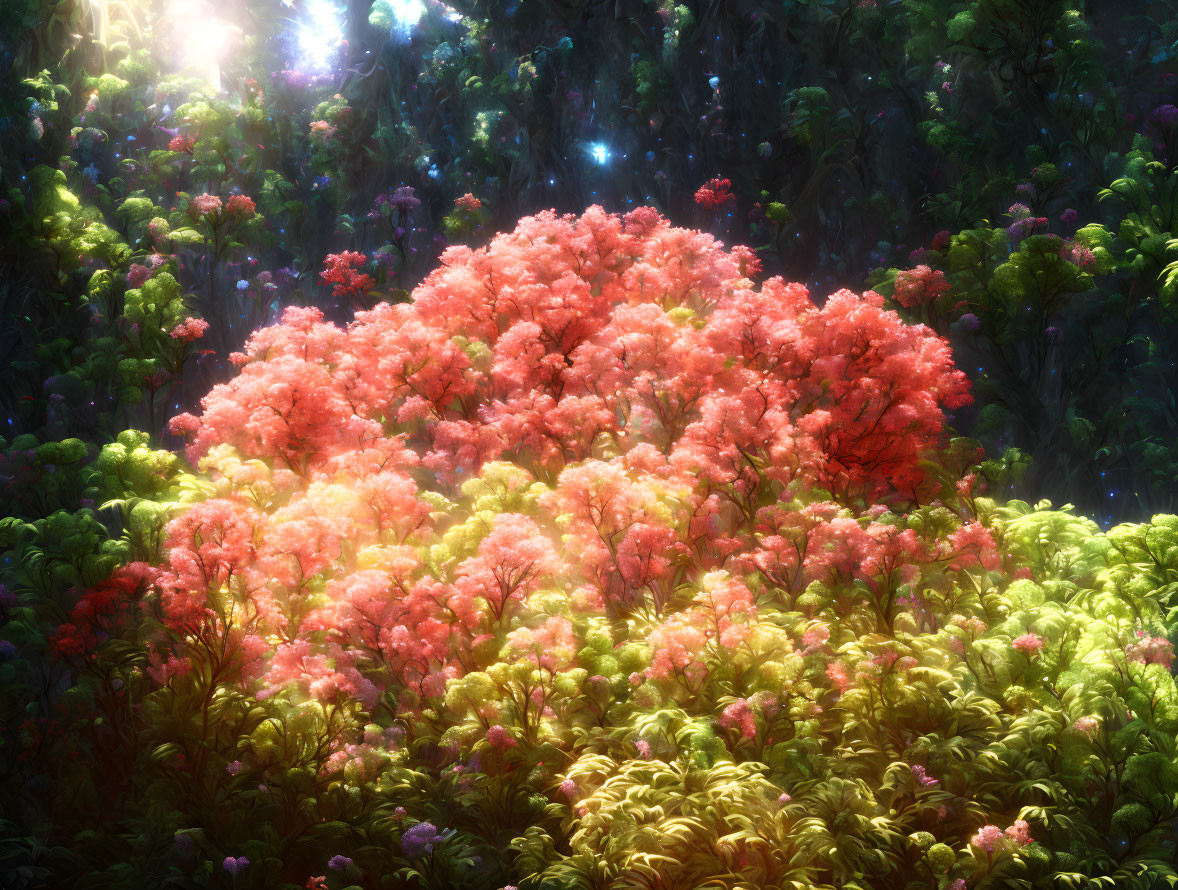 Lush garden with vibrant pink blossoms in sunlight
