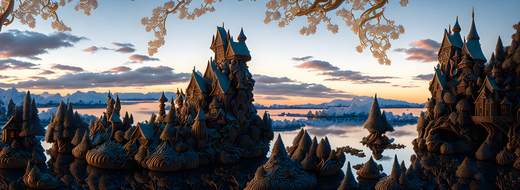 Fantastical snowy landscape with castle-like structures under sunset sky