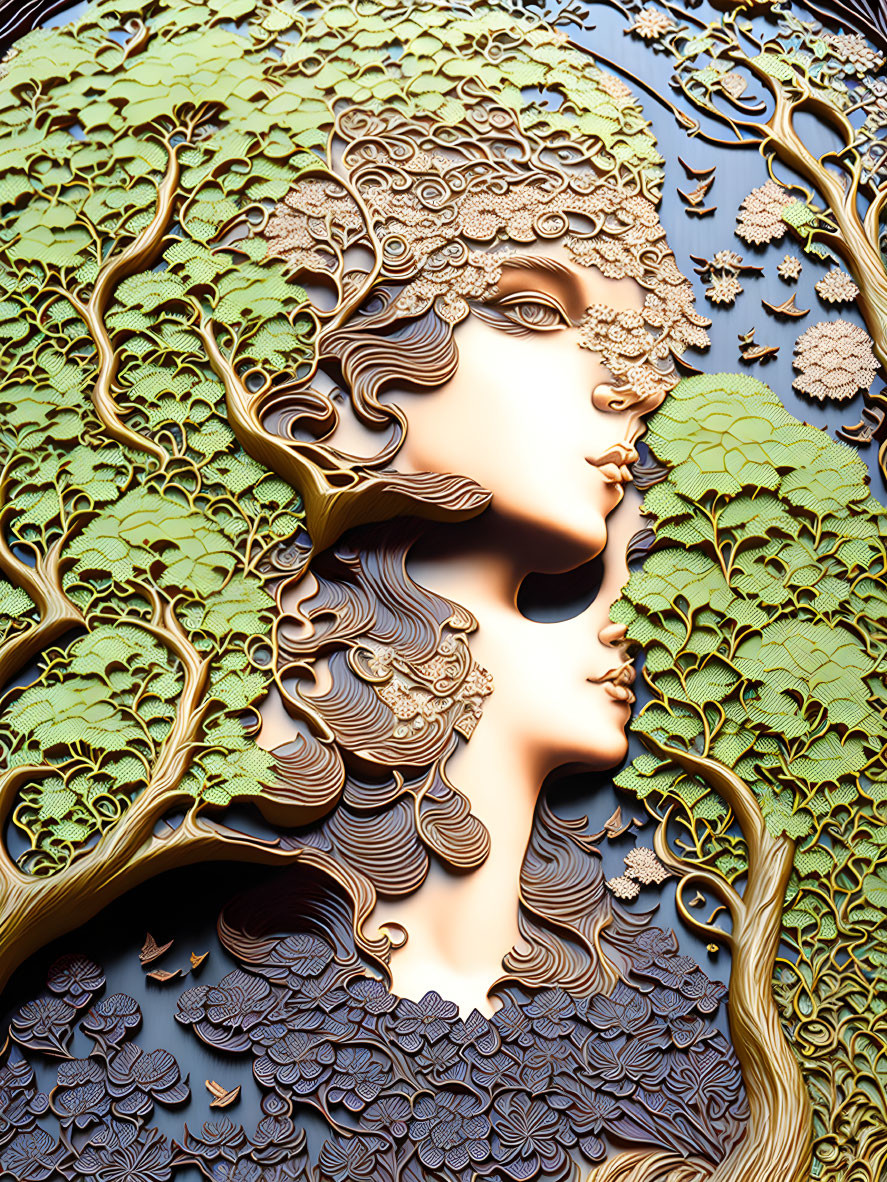 Detailed 3D Woman Profile with Tree Motifs in Earthy Tones