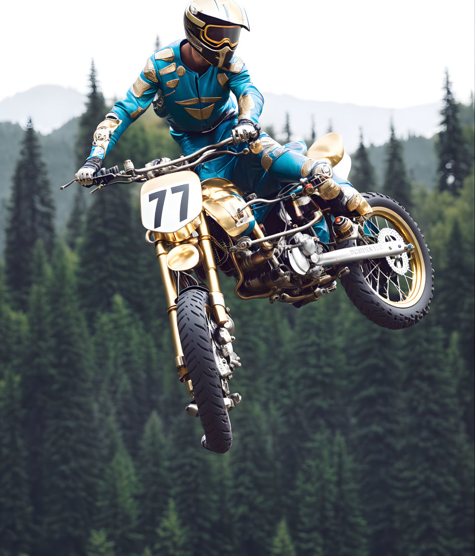 Motorcyclist in Blue Suit Soaring on Golden Motorcycle Amid Evergreen Trees