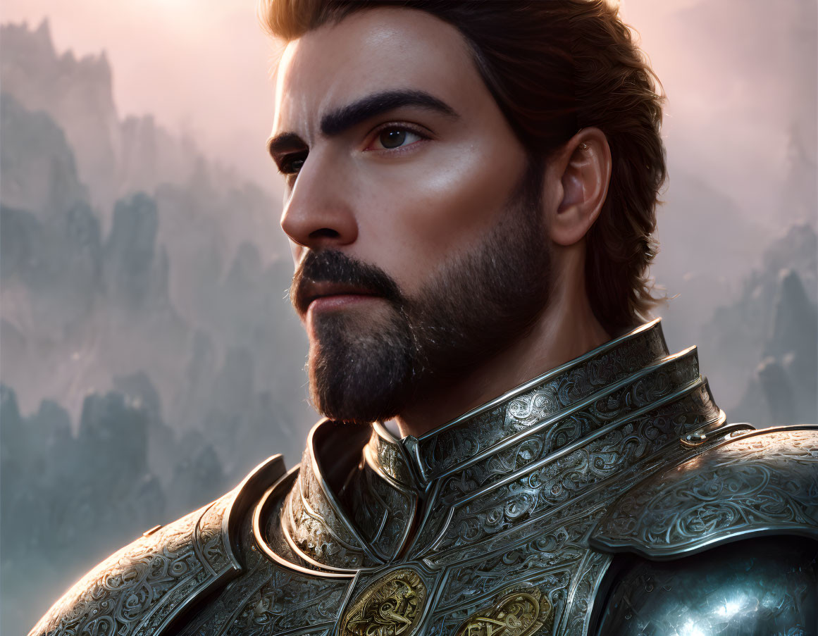Detailed digital portrait: man with beard and mustache in medieval armor, mountainous backdrop.