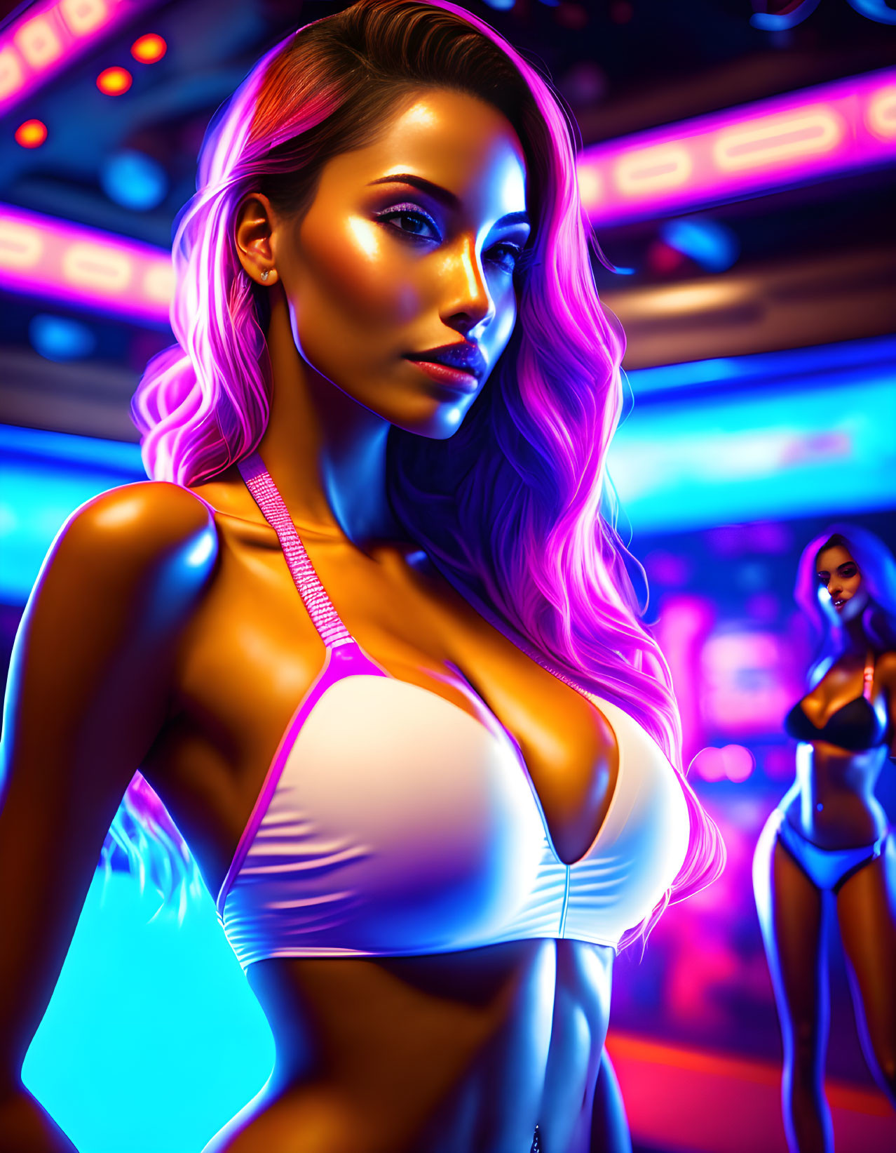 Neon-lit club scene with glowing woman and background figure