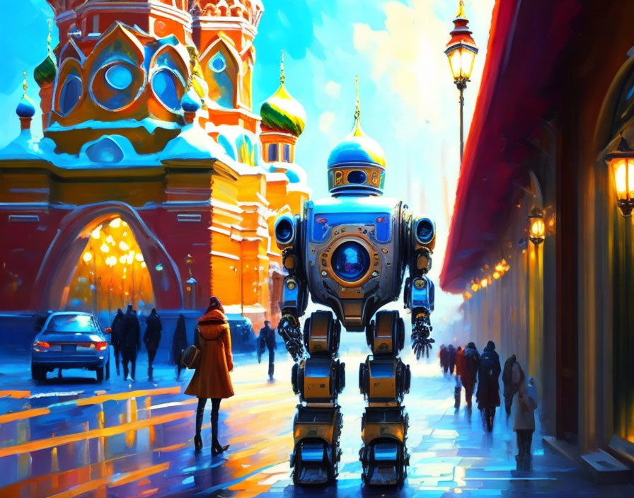 Futuristic robot in vibrant city street with colorful buildings