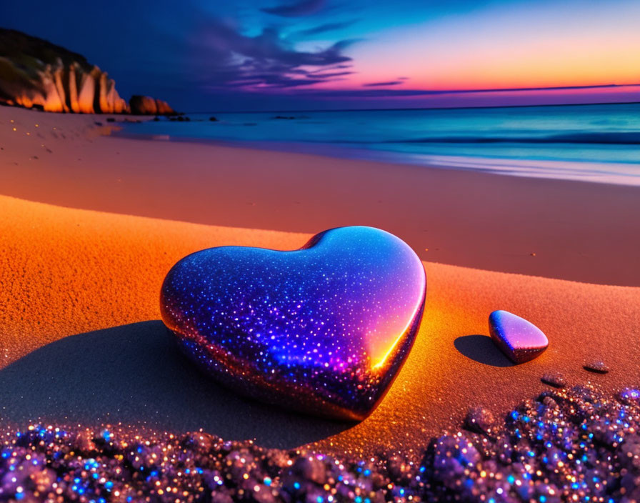 Heart-shaped glowing object on sandy beach at twilight with calm sea and dusky sky