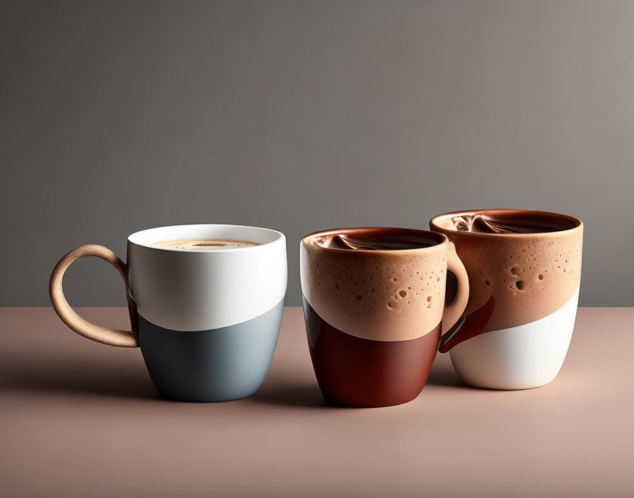 Three Colorful Coffee Mugs with Overflowing Coffee Design