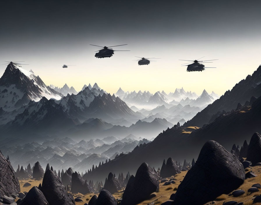 Helicopters flying over rugged mountain landscape with jagged peaks