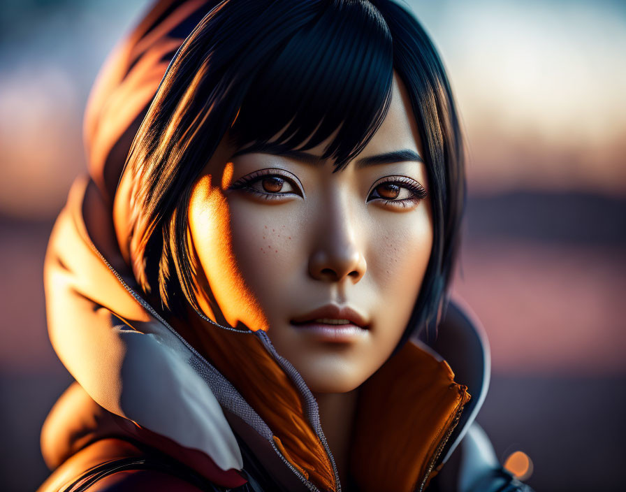 Close-up of woman with amber eyes and black hair in golden sunlight wearing red and white jacket