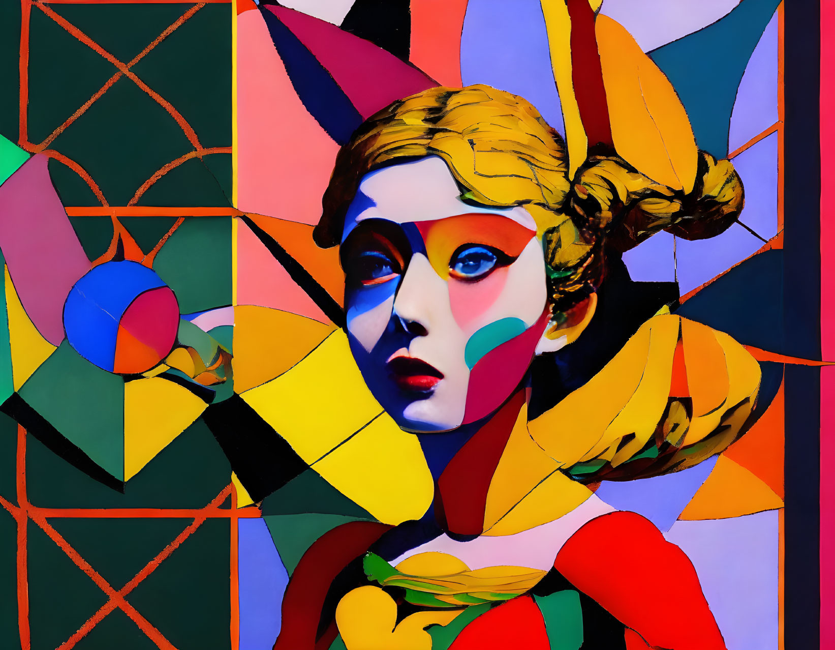 Vibrant abstract portrait of a woman with exaggerated features and geometric patterns
