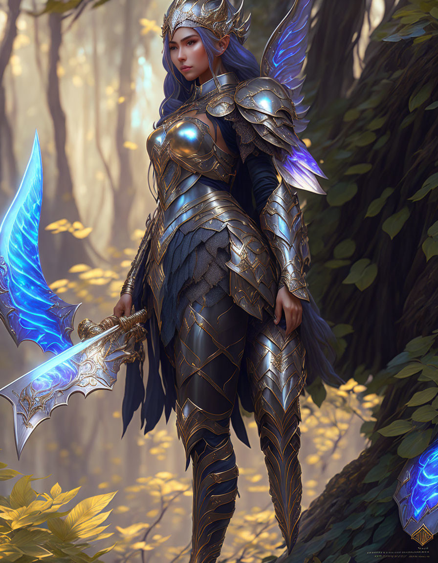 Female warrior in fantasy armor wields glowing blue sword in forest