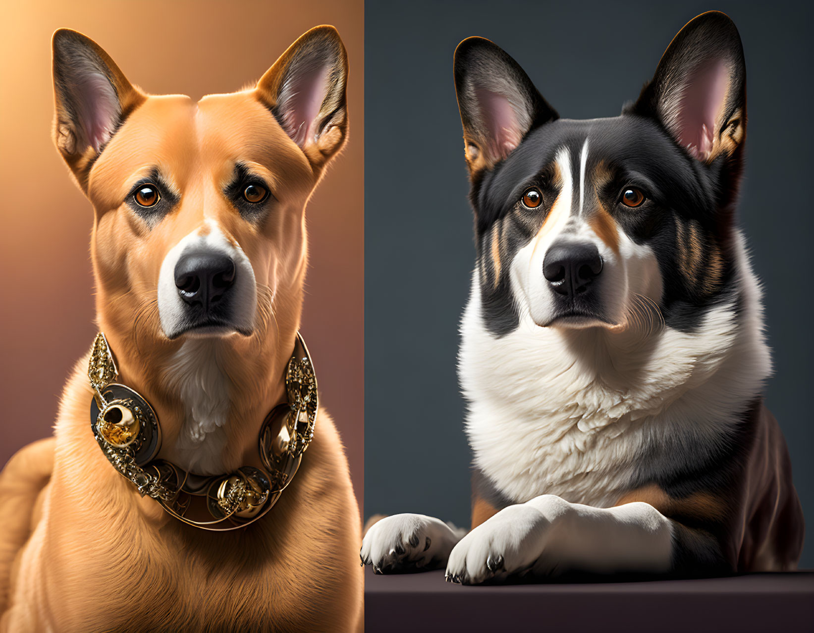 Two dogs with human-like expressions and a golden collar on a dual-toned background