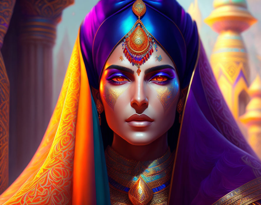 Colorful Woman in Vibrant Makeup and Headdress with Orange Sari and Stylized Architecture Background