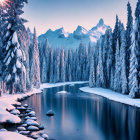 Snow-covered trees and river in serene winter mountain landscape