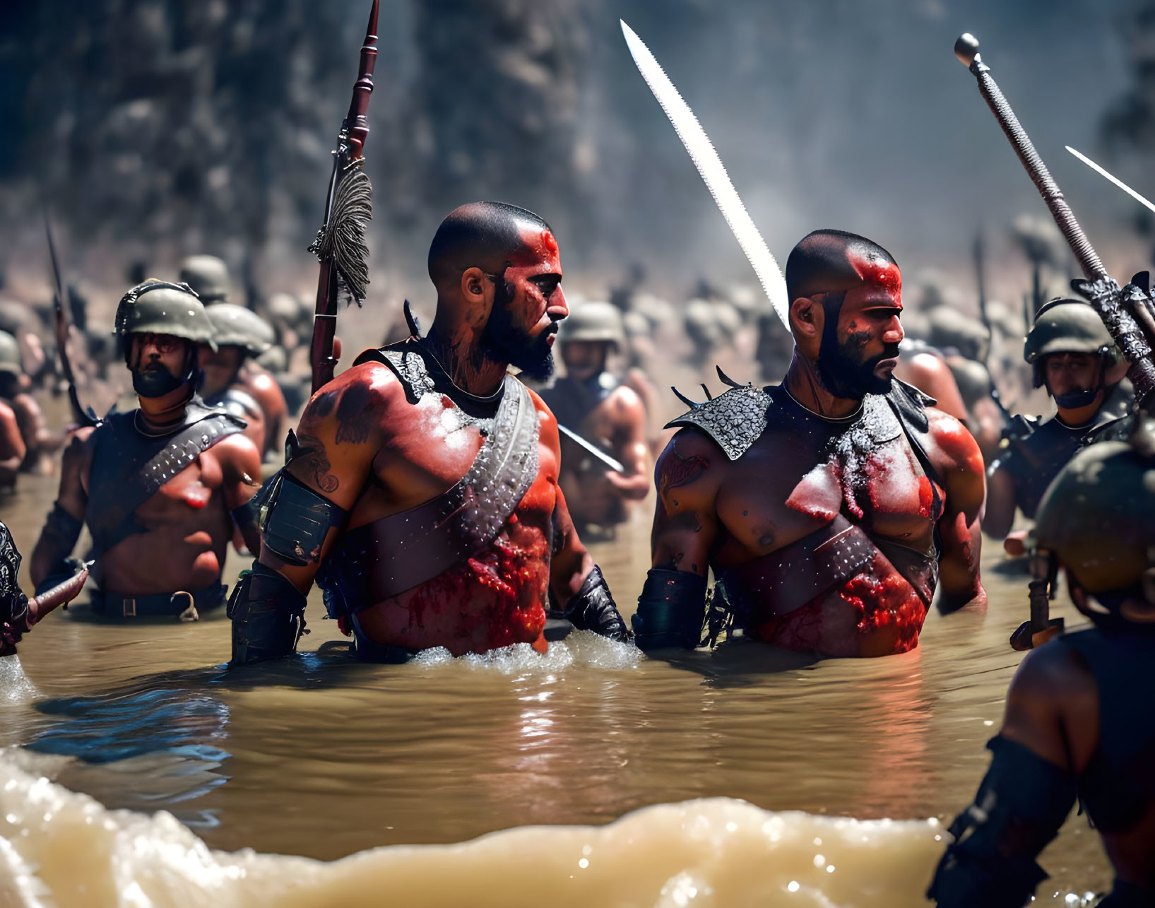 Battle scene: Warriors wading with spears in water.