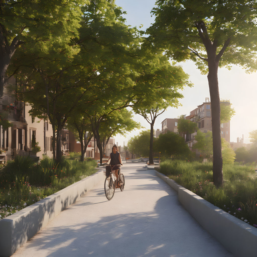 Person cycling on sunlit tree-lined path with residential buildings