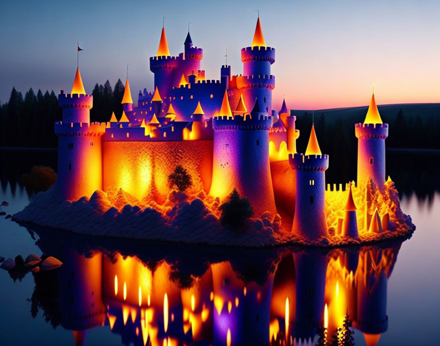 Illuminated fairy tale castle at dusk by tranquil water