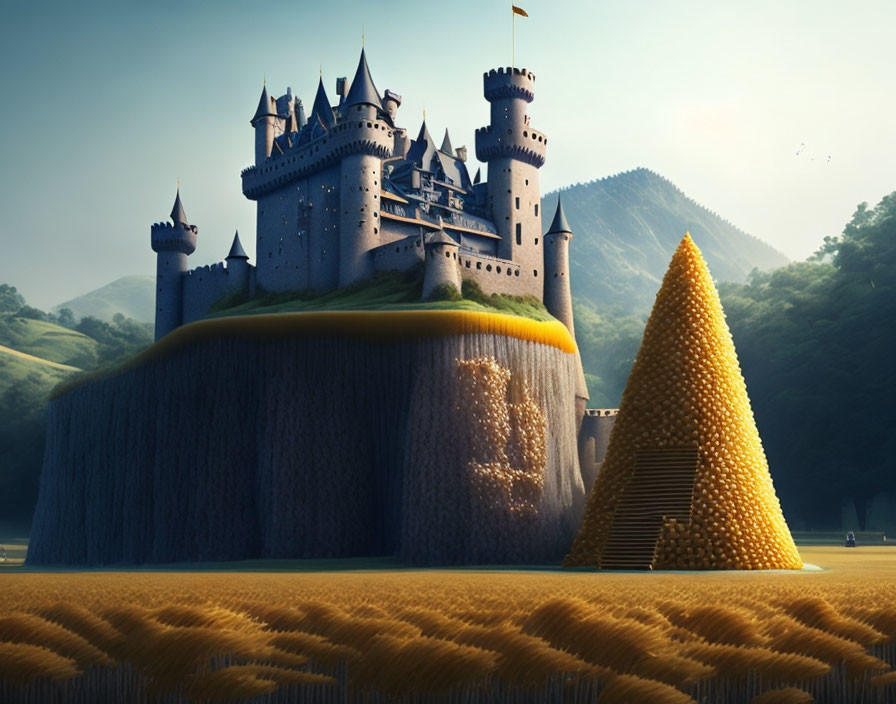 Majestic castle on hill with pile of gold coins and golden wheat field