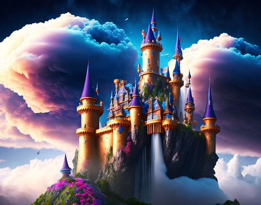 Fantastical castle on floating rock island with bright spires and vibrant clouds.