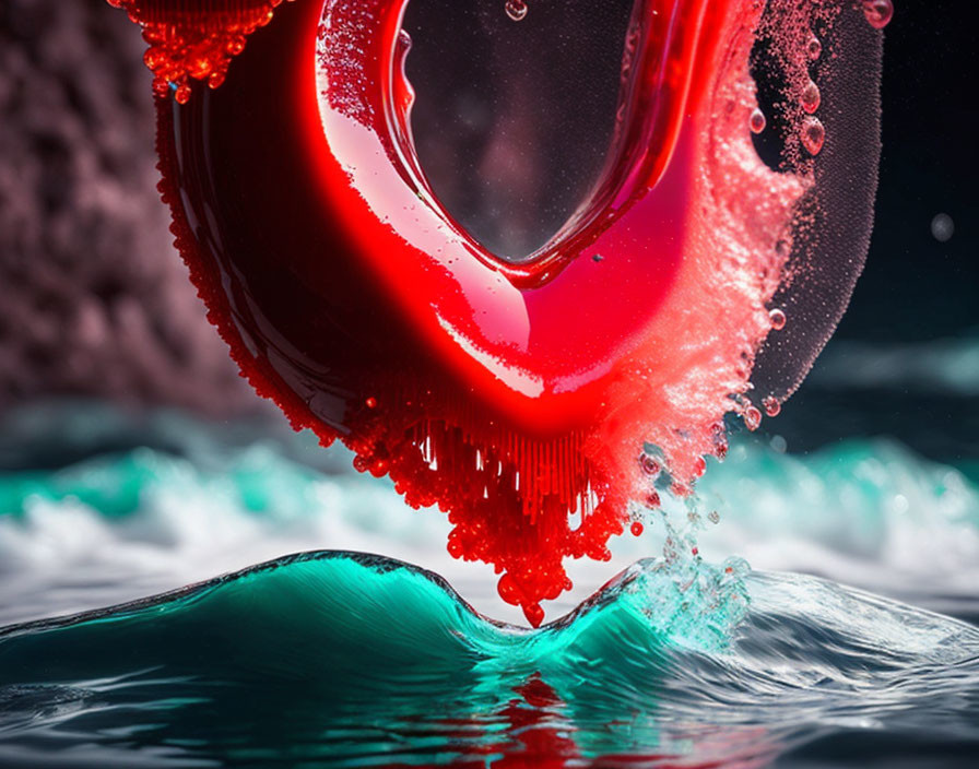 Red Liquid Drop Collides with Teal Surface, Creating Dynamic Splashes