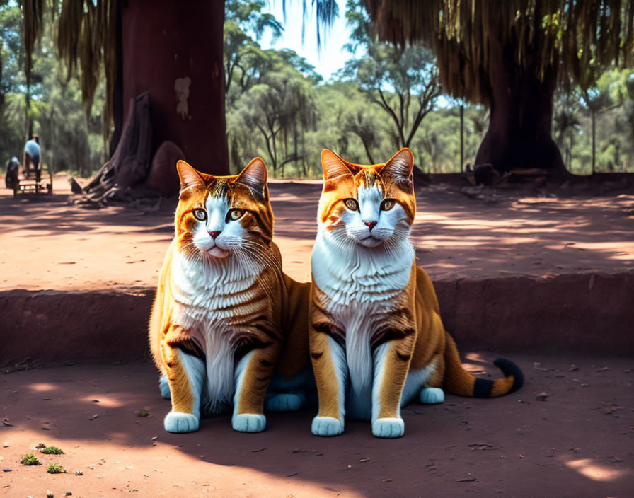 Two large orange tabby cat paintings with blue eyes in park setting