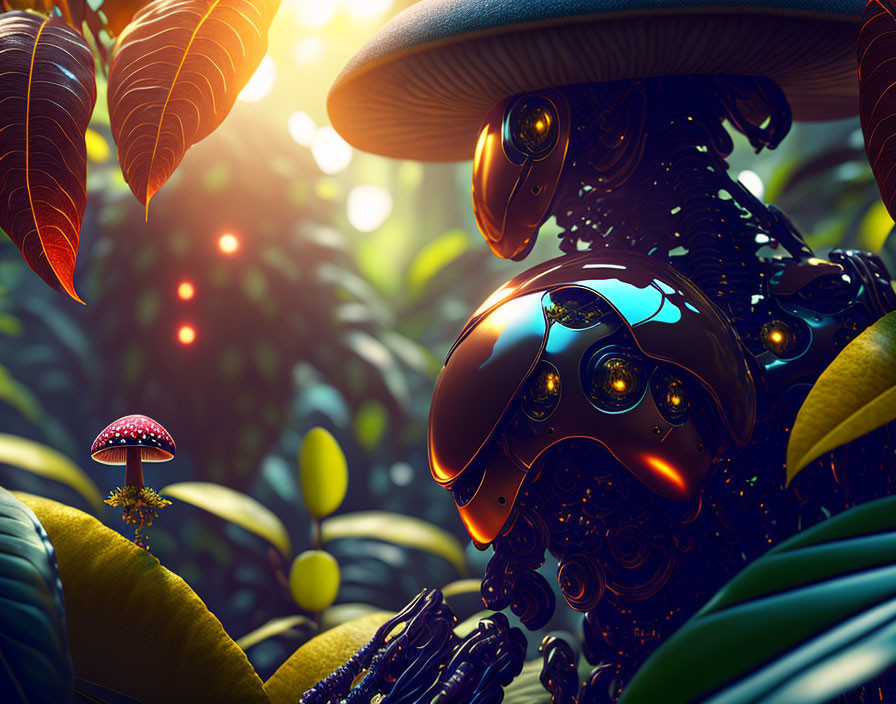 Detailed Sci-Fi Beetle Robot in Jungle Setting with Mushroom and Glowing Elements
