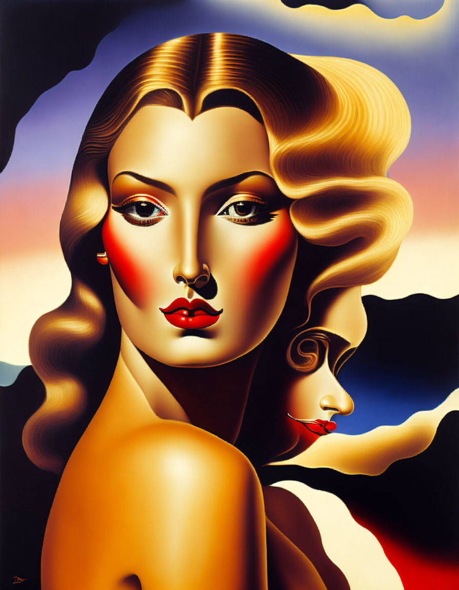 Stylized portrait of a woman with blonde hair and red lips