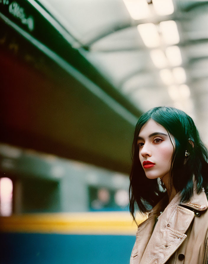 Dark-haired woman in red lipstick on train platform with station architecture.