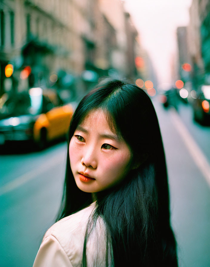 Young woman with black hair gazes on city street with blurry traffic.