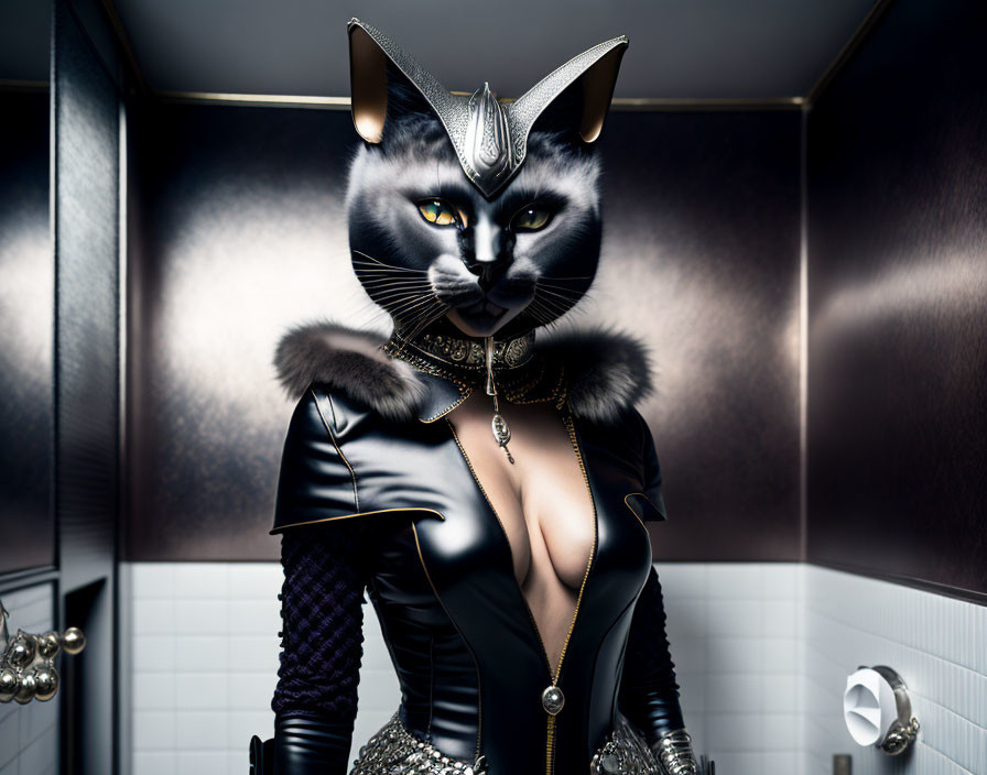 Cat-headed humanoid figure in black leather costume and jewelry in luxurious room