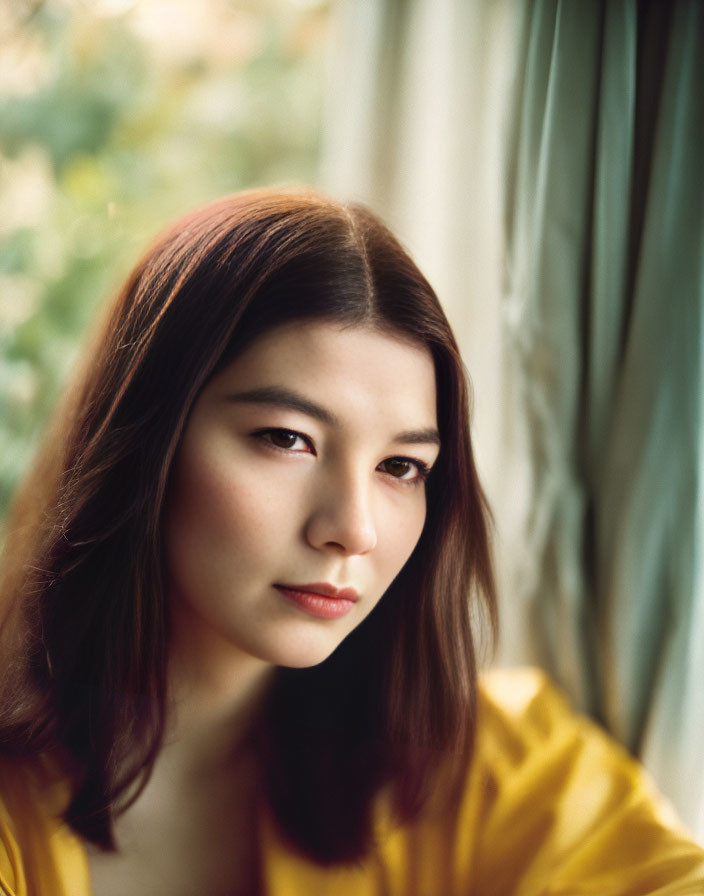 Brown-haired woman in yellow blouse gazes thoughtfully through window curtains