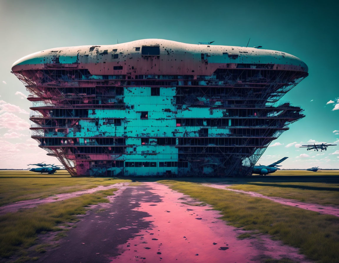 Abandoned futuristic building near scattered planes under cloudy sky