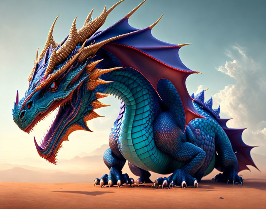 Blue Dragon with Golden Horns and Spikes in Desert Dusk