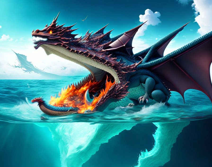 Blue dragon breathing fire over ocean waves and mountains