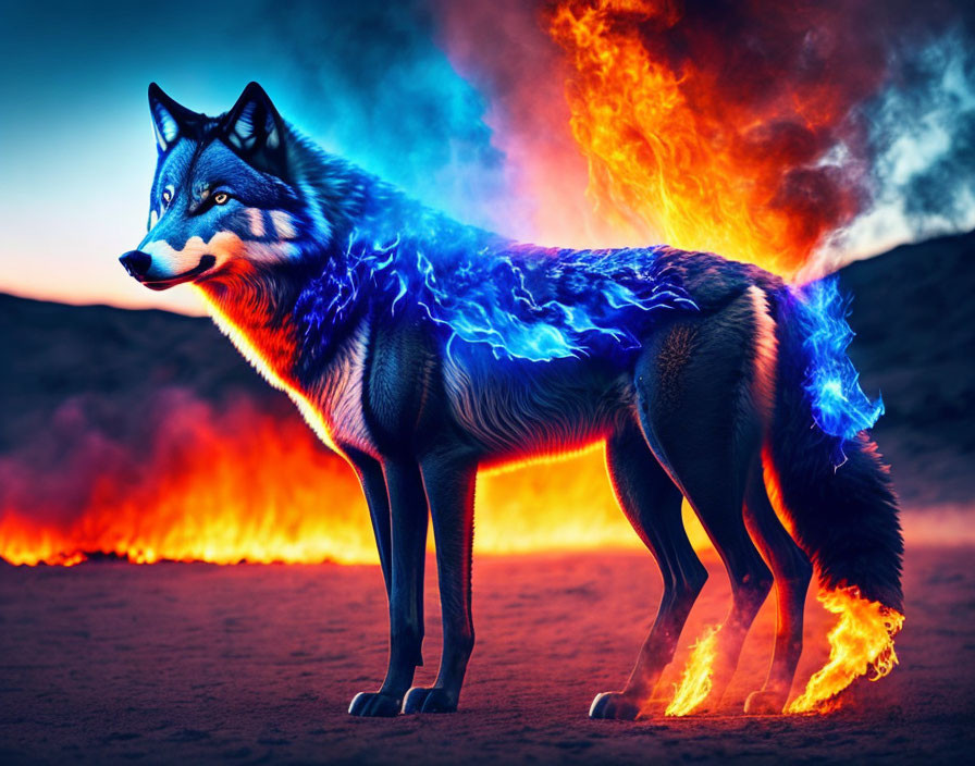 Digital artwork: wolf engulfed in blue flames against fiery background