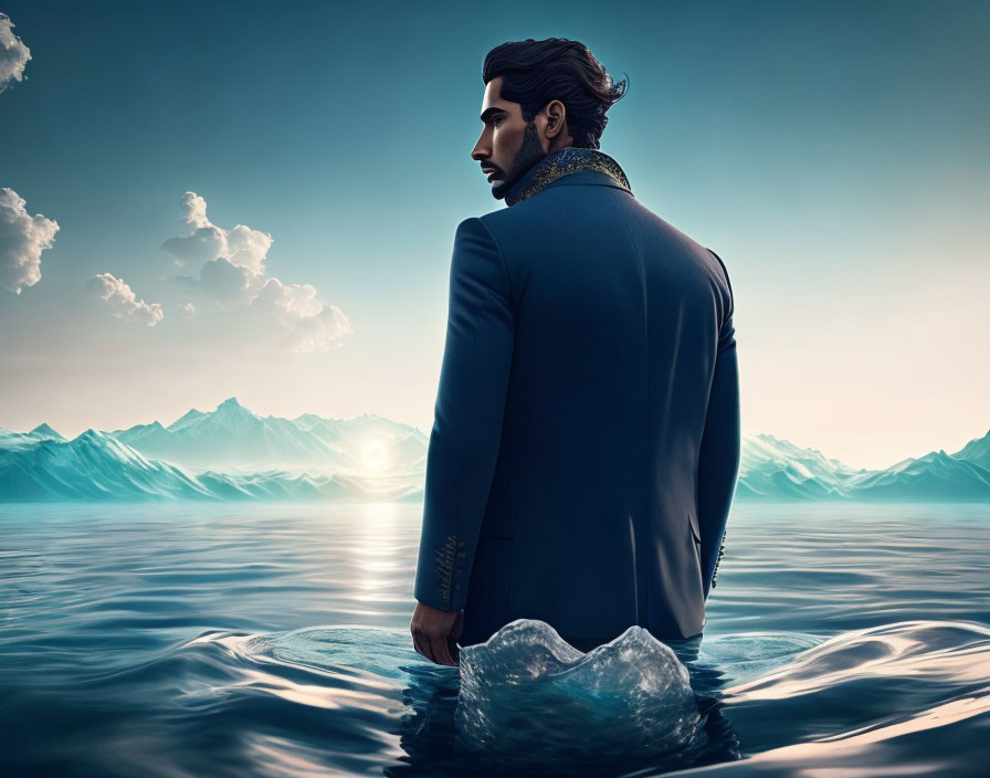 Man in suit standing in ocean, mountains in distance, cloudy sky