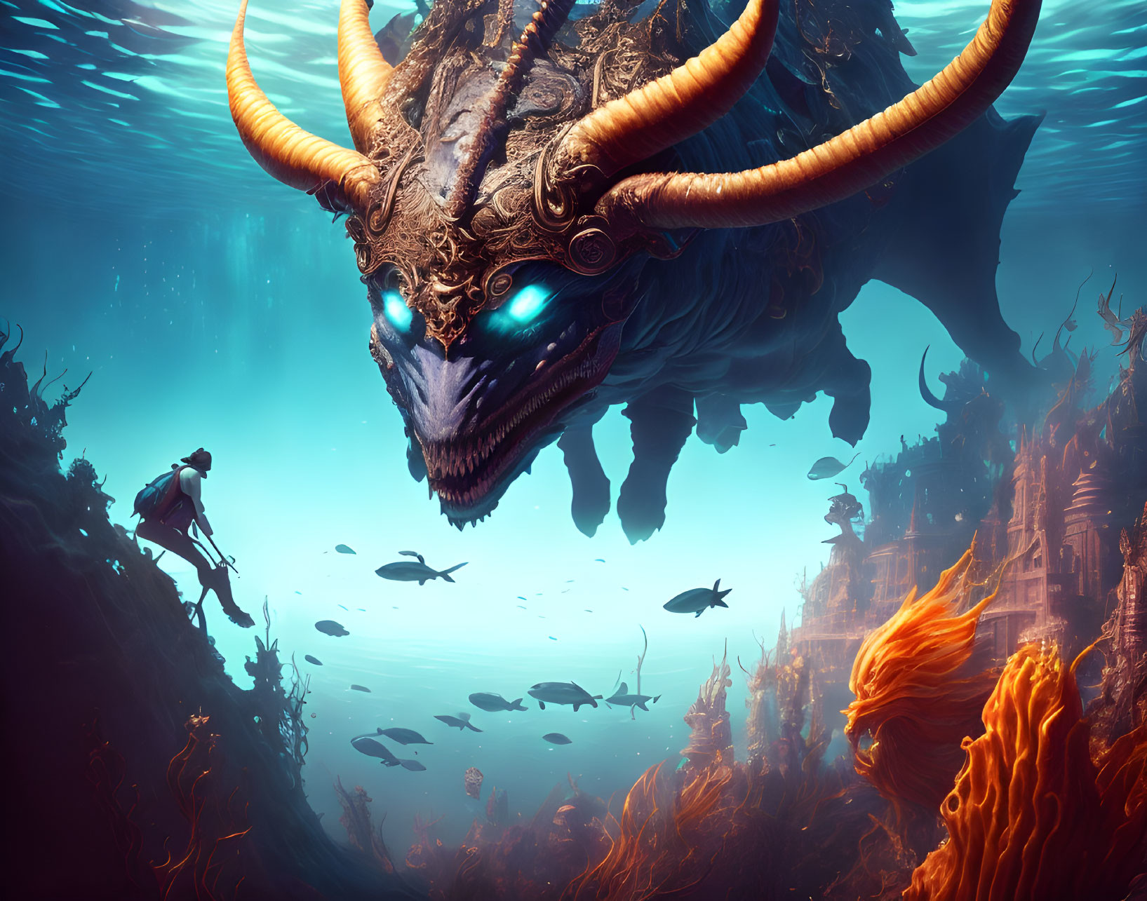 Gigantic ornate-horned sea creature near ancient sunken structure