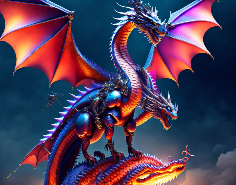 Colorful dragon digital art: Orange and blue armor, red wings, stormy sky