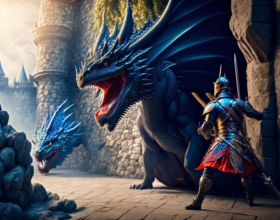 Armored knight faces two blue dragons at castle for epic battle