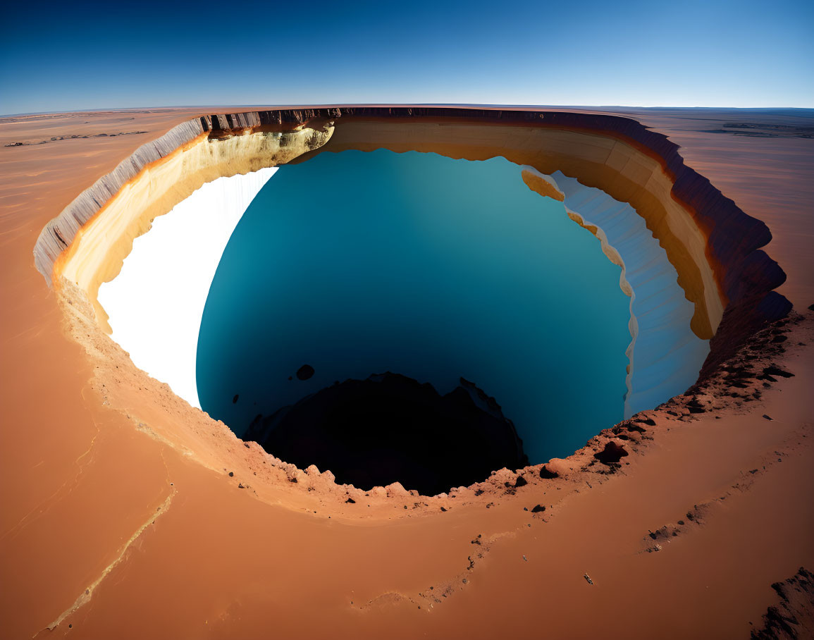 Deep Blue Sinkhole in Orange Desert Sands under Clear Blue Sky