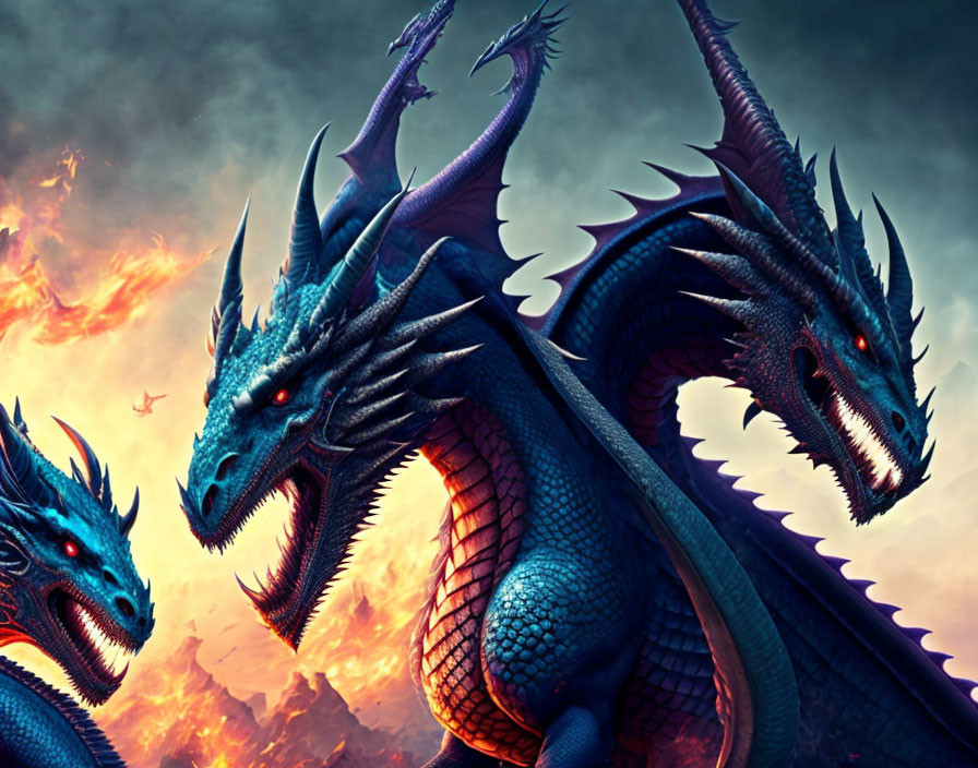 Three fierce blue dragons in a fiery sky scene