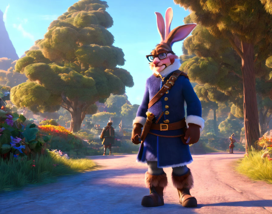 Confident animated rabbit in blue uniform and glasses on sunlit path.
