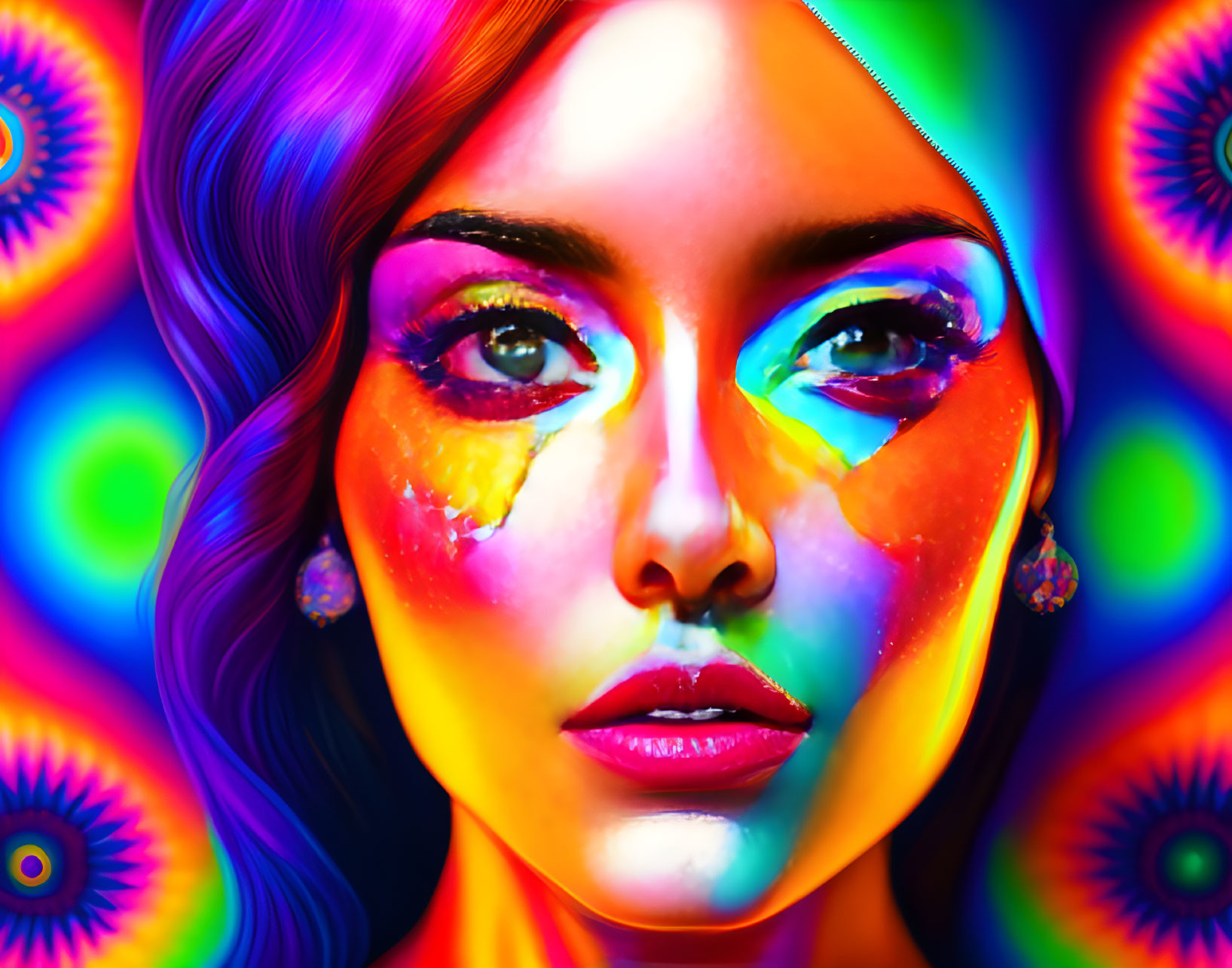 Colorful digital artwork: Woman with multi-colored skin tones on psychedelic background