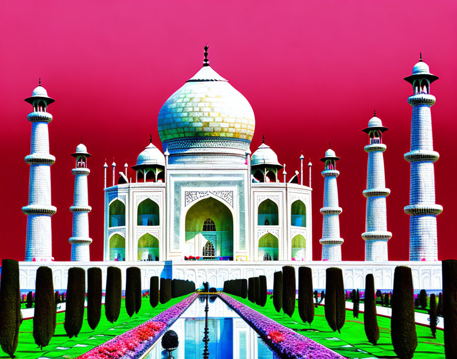 Digitally Altered Image: Taj Mahal with Pink Sky & Reflective Water