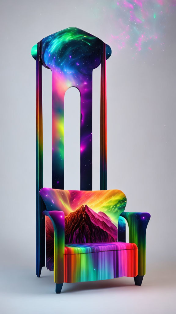 Armchair and Floor-Length Mirror with Cosmic and Rainbow Designs on Neutral Background